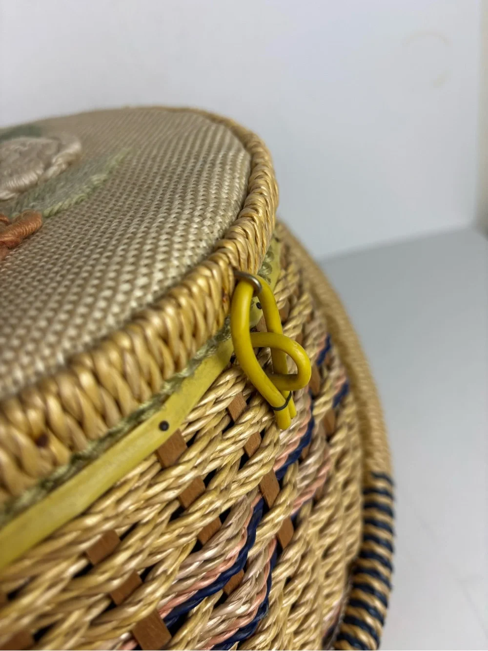 Vintage Sewing Basket-Round w/ Embroidered Floral Lid-Granny Chic